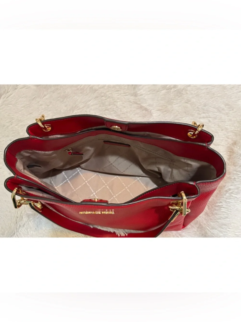 Michael Kors Red Pebble Leather Shoulder Tote with Gold Hardware